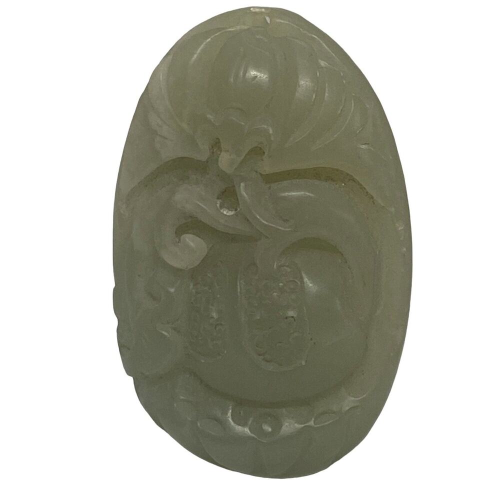 Green Jade Oval Carved 1 5/8 Inches Pendant Lotus Flower Motif China - Beautiful